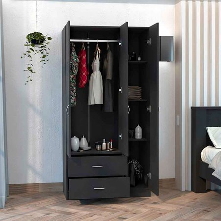 TUHOME Austral 3 Door Armoire with Drawers, Shelves, and Hanging Rod, Black CLW3932